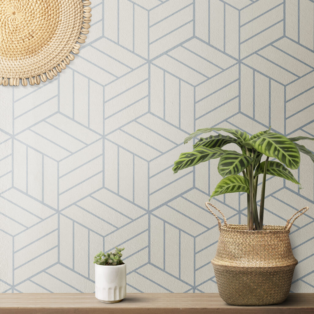 Geometrical blue wall with wooden shelf